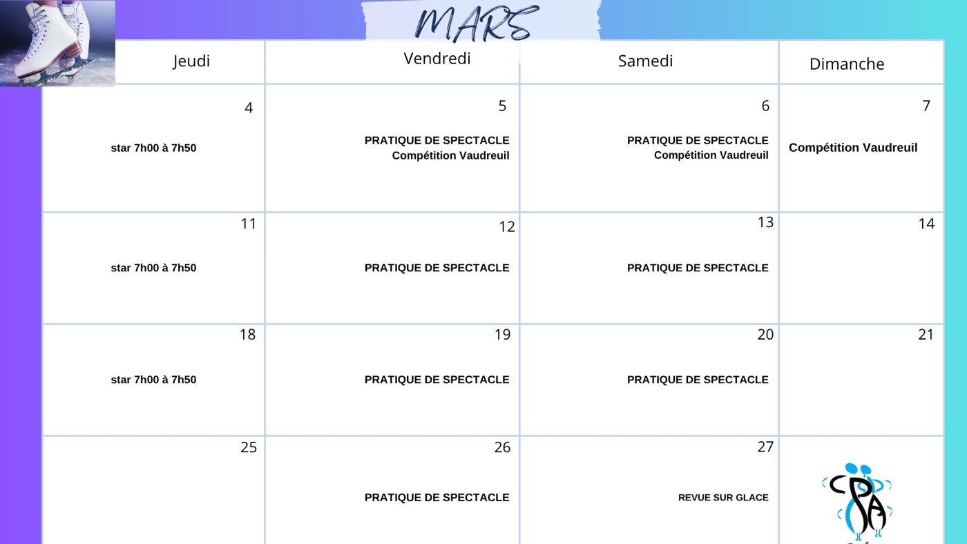Calendrier de mars 2027